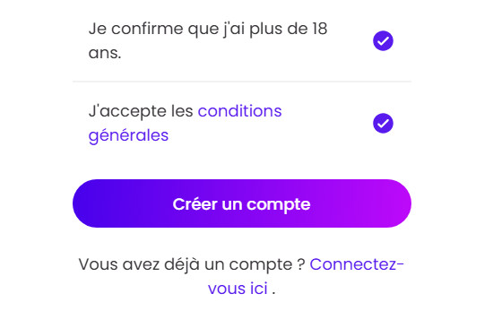 Cases de confirmation d'âge et d'acceptation des conditions avec bouton Create Account visible
